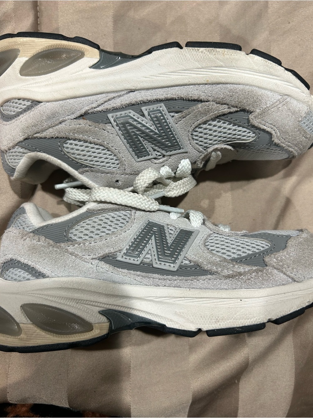New Balance Kids Grey and White Suede Mesh Sneakers
